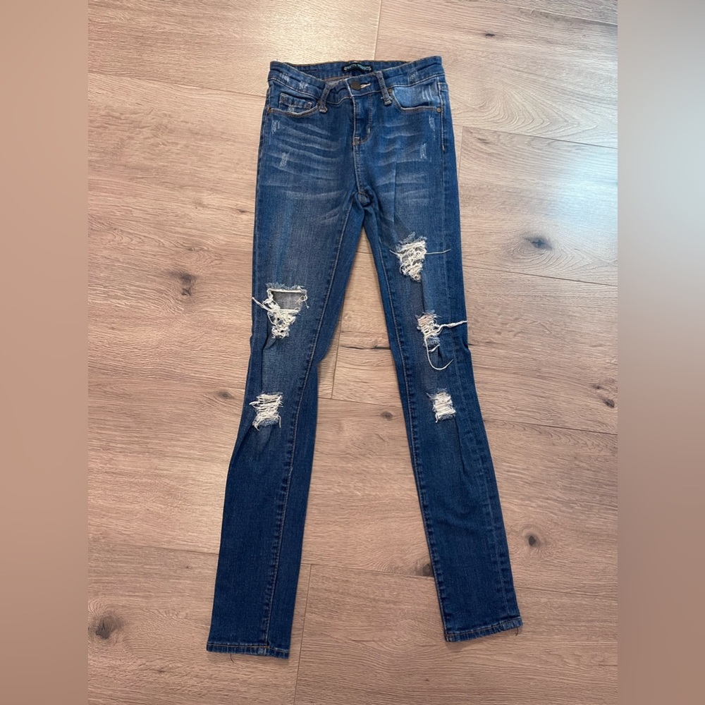 Dark washed jeans.